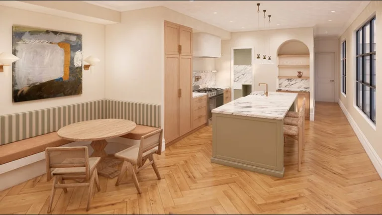 Kitchen and dining with marble island and timber floor, Clement project render