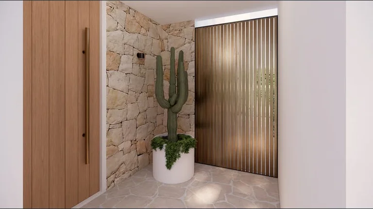 Entry with stone wall, cactus and vertical timber screen, Clement project render